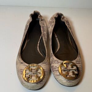 Tory Burch Snakeskin Brown Ivory Beige Leather Ballet Flats Shoes 8